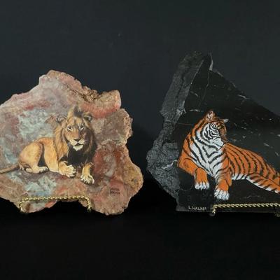 Original Paintings On Polished Stones By Laurie Walker, Lion & Tiger