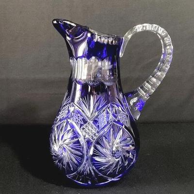 Bohemian, Cobalt Blue Cut To Clear Crystal Pitcher