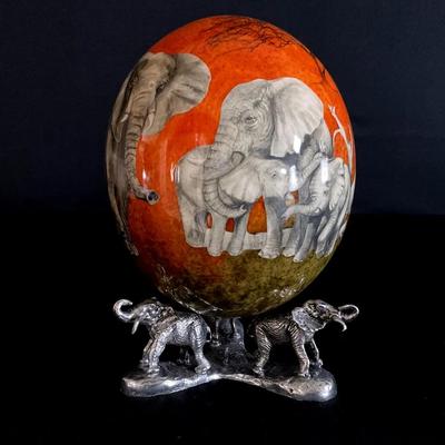 Decorative Ostrich Egg With Decoupage Elephants