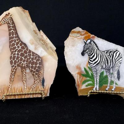 Original Painting On Polished Stone By Laurie Walker, Zebra And Giraffe 
