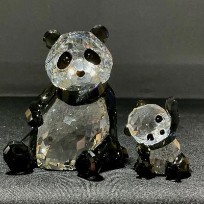 Retired Swarovski Crystal Panda Mother With Baby Figurines 