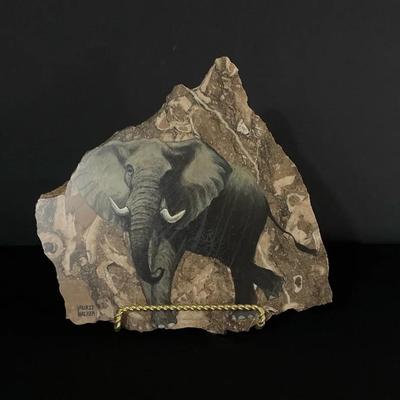 Original Painting On Polished Stone By Laurie Walker, Elephant