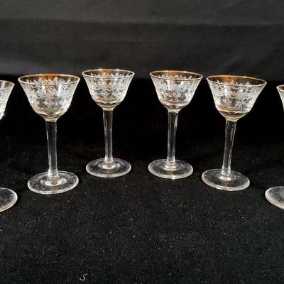 6 Vintage Etched Crystal Cordial Glasses