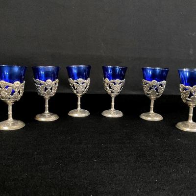 6 American Cut Crystal Corporation Cobalt Blue Cordials
