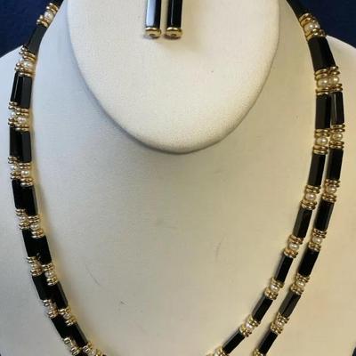 Gemstone Necklace And Earring Set, Jet Black & Gold