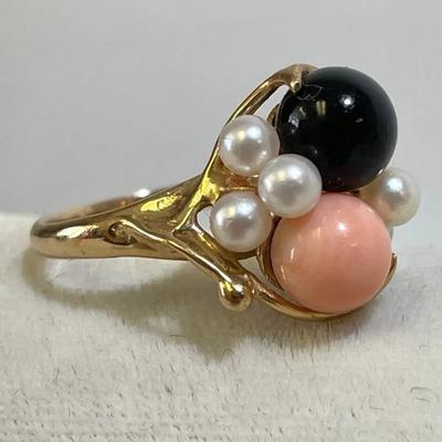 Coral, Onyx And Pearl Ring, 14k Gold