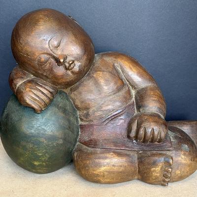 Wooden Sleeping Buddha Boy, Large Vintage 