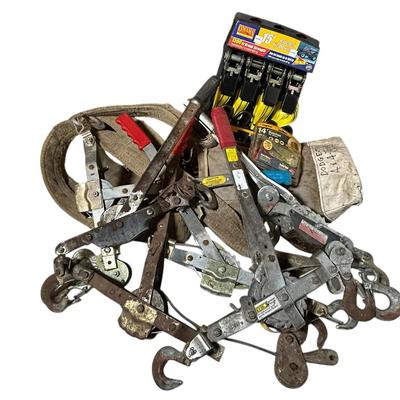 Six Come-alongs/Cable Winch Pullers plus Ratchet Straps, Tow Rope, Chains