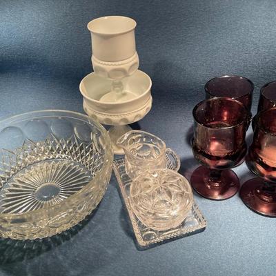 Six Indiana Glass Kings Crown Amethyst Purple Thumbprint Pedestal Water Goblets And More