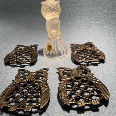 Genuine Crystal Owl Bell And Little Vintage Owl Trivets 