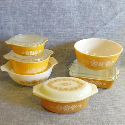 Pyrex Gold Butterfly Bowls, Casserole Dish + Fridgie