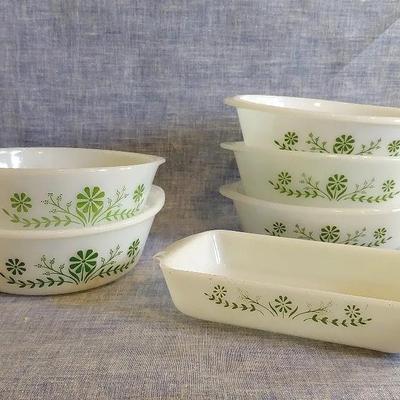 Glasbake Casserole Dishes; Primrose Dream/Green Daisy