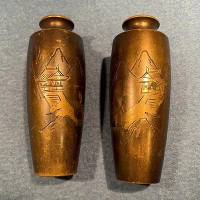 Pair Of Japanese Bronze Colored Etched Vases Meiji Era?