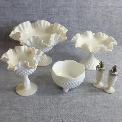 Milkglass Hobnail Pedestal Vases, Salt And Paper Shaker