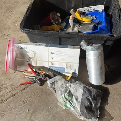 Bin Of Painting Supplies, Moen Faucet, & Hand Tools