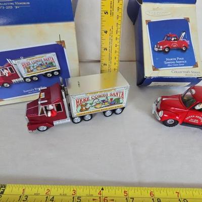 Homework keepsake ornaments, santa's big rig and north pole's towing service