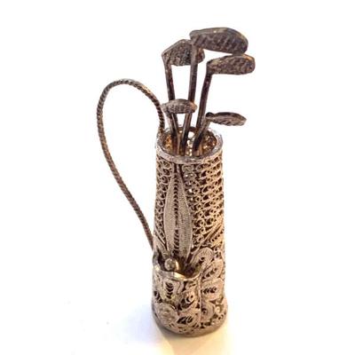 Sale Photo Thumbnail #127: Unique vtg. golf clubs in bag brooch, Probably 800 silver but unmarked.