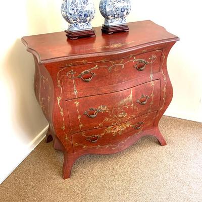 Sale Photo Thumbnail #36: Painted and decorated 3 dr. bombe chest.