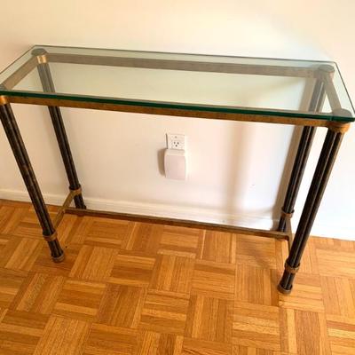 Sale Photo Thumbnail #40: Iron console table w/ glass top, 36” wide, 28 3/4” ht. 12” deep