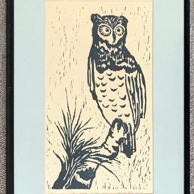 Sale Photo Thumbnail #131: Signed owl woodcut, 24 1/2x 16 1/2” including frame