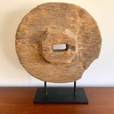 Sale Photo Thumbnail #80: Antique cart wheel architectural fragment, 21" tall incl/ stand, 18" diameter