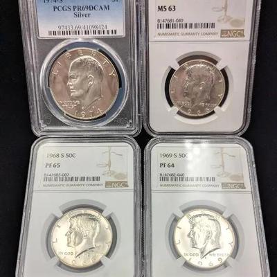 3 Silver Kennedy Halves NGC Graded & 1 PCGS Graded 1974-S Silver Eisenhower Dollar PR-69DCAM