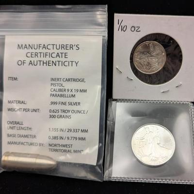 1/4 & 1/10 of an Ounce Pure Silver Coins, & .625oz .999 Silver Bullet