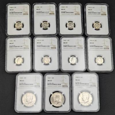 8 Silver Roosevelt Dimes & 3 Silver Kennedy Halves, NGC Graded