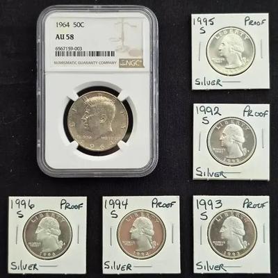 5 1992-1996 Silver Proof Quarters & 1964 AU-58 Silver Half, NGC Graded