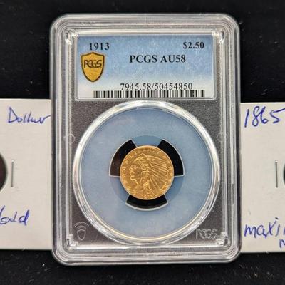 1857 & 1865 Gold Tokens & 1913  2 1/2 US Gold Indian Coin, AU-58 PCGS
