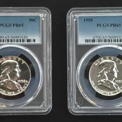 1958 &1959 PCGS Graded PR-65 Franklin Silver Proof Halves
