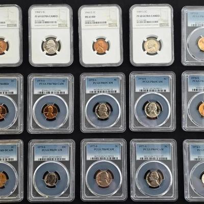 15 PCGS and NGC Graded Proof Jefferson Nickels and Lincoln Cents