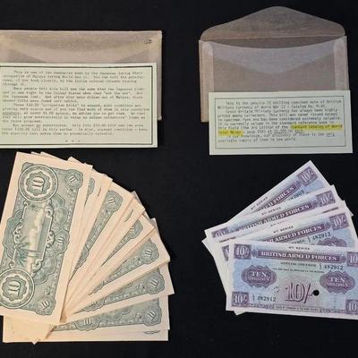 8 Great Britain Ten Shilling Uncirculated Notes and 50 Japanese Ten Dollar Uncirculated Notes