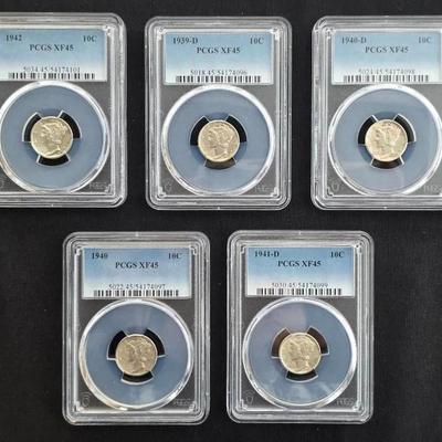 5 PCGS Graded Mercury Silver Dimes