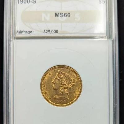 1900-S $5 US Gold Coin, MS-66 NGS