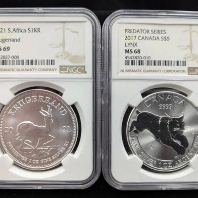 2017 Predator Series Canada Lynx & 2021 South Africa NGC 2oz Silver Coin