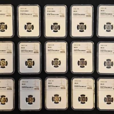 15 NGC Graded MS and Proof Roosevelt Dimes