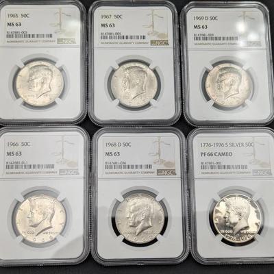 6 NGC Graded Silver Kennedy Halves