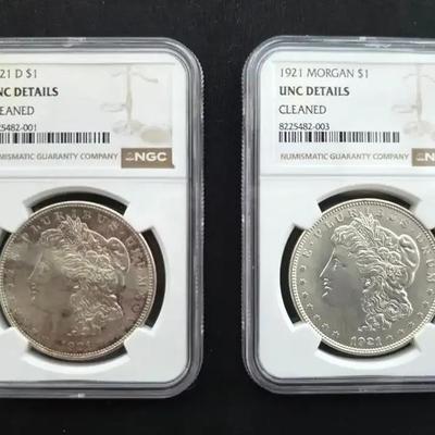 1921 and 1921-D Morgan Silver Dollars NGC - Cleaned UNC Details