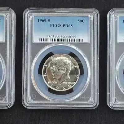 1968-S, 69-S, 70-S Silver Kennedy Halves PCGS PR-68