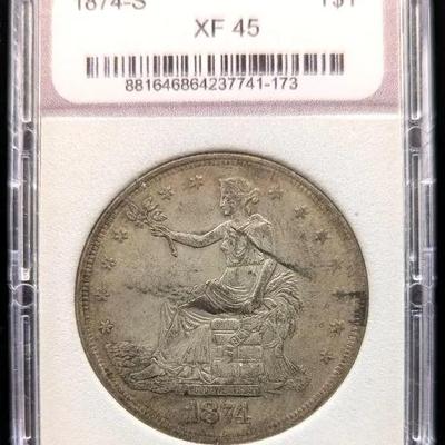 1874 Trade Dollar XF-45 TCGS