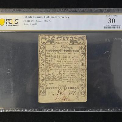 1786 5 Schilling Note, Rhode Island Colonial Currency, PCGS VF-30