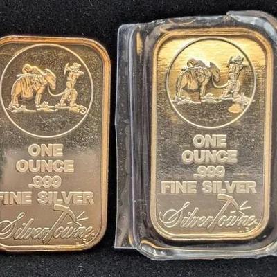 2 Vintage Silvertowne 1oz .999 Silver Bars 