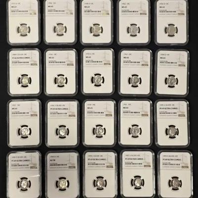 20 NGC Graded MS & Proof, all Silver, & Roosevelt Dimes in PCGS Case