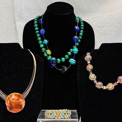 5-Piece Jewelry Collection Lot: Murano Glass, Chico's, Malachite & Vintage Turquoise Bangle