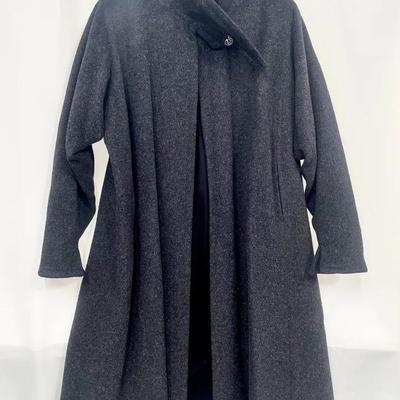 Vintage Charcoal Wool Overcoat with Dramatic Wrap Collar – 47.5” L