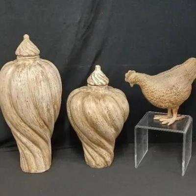 Large 25" + 16" Swirl Vases & Metal Chicken 11.5" H