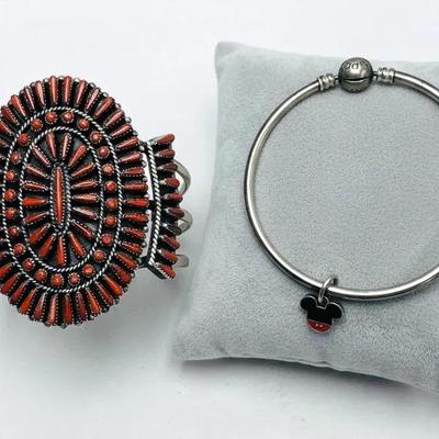 Vintage Zuni Coral Cuff & Pandora Mickey Bangle