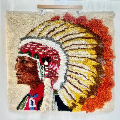 Vintage Shillcraft Latch-Hook Wall Hanging – Profile Portrait of Native American Chief 35x33”