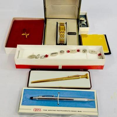 Vintage Helbros Watch, Gold & Silver Tone Pens, Brooches, Charm Bracelet + More! 